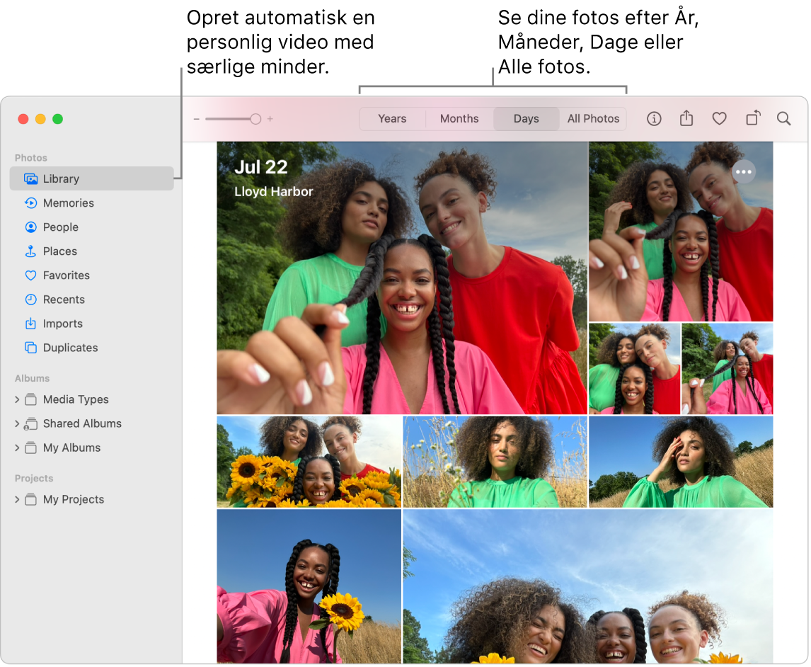 Vinduet Fotos, der viser funktionen Minder i indholdsoversigten til venstre og lokalmenuen øverst i Fotos-vinduet, hvor du kan se fotoene i dit album efter dag, måned og år.