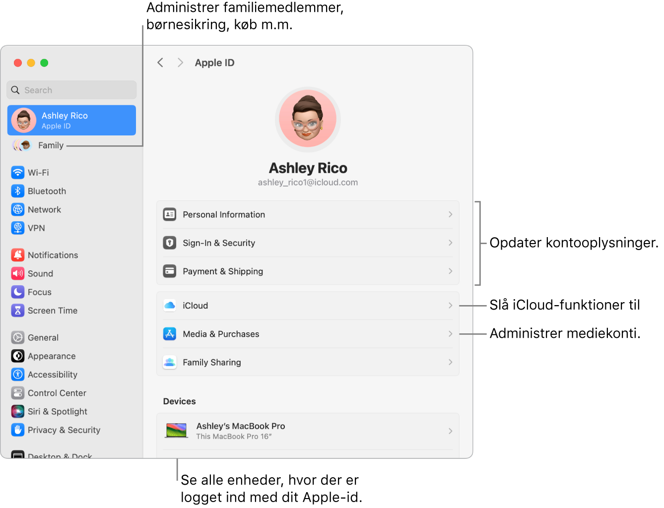 Indstillingerne til Apple-id i Systemindstillinger med billedforklaringer til at opdatere kontooplysninger, slå iCloud--funktioner til og fra, administrere mediekonti samt Familie, hvor du kan administrere familiemedlemmer, børnesikring m.m.