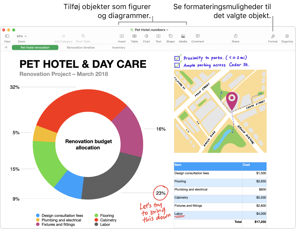 Et Numbers-vindue med værktøjslinjen og dens redigeringsværktøjer øverst, knappen Samarbejd øverst til højre og knapperne Format og Organiser til højre.