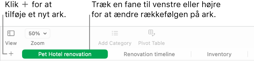 Et Numbers-vindue, der viser, hvordan du tilføjer et nyt ark og flytter rundt på ark.