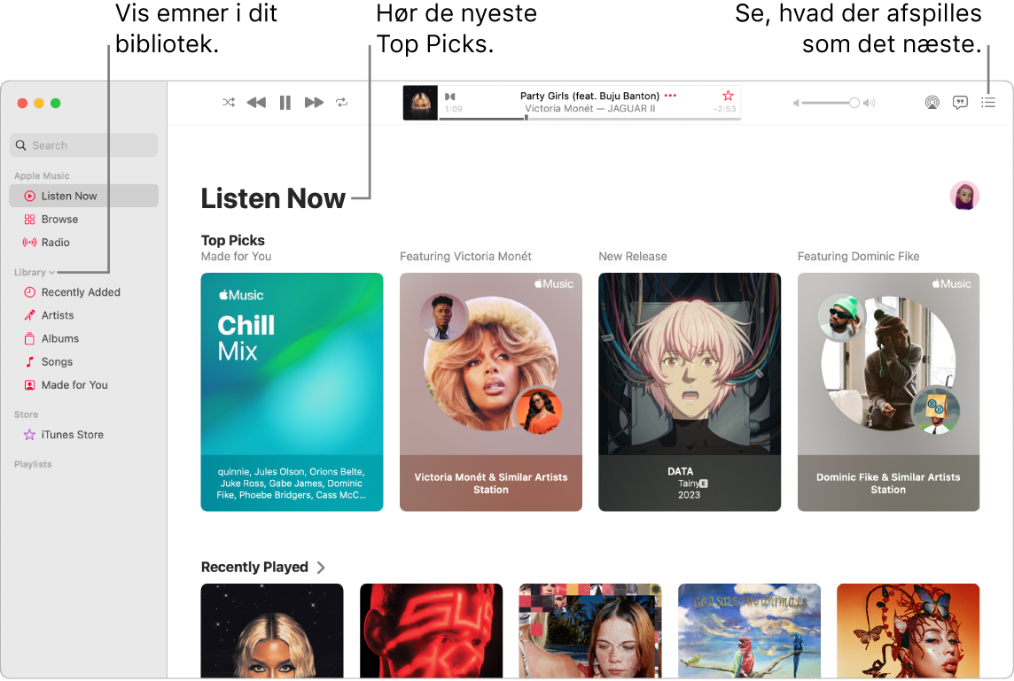 Et Musik-appvindue, der viser, hvordan du kan se dit bibliotek, lytte til Apple Music og se, hvad der afspilles som det næste.