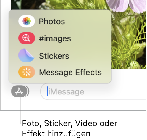 Das Menü „Apps“ mit Optionen um Anzeigen von Fotos, Stickern, GIFs und Nachrichteneffekten.