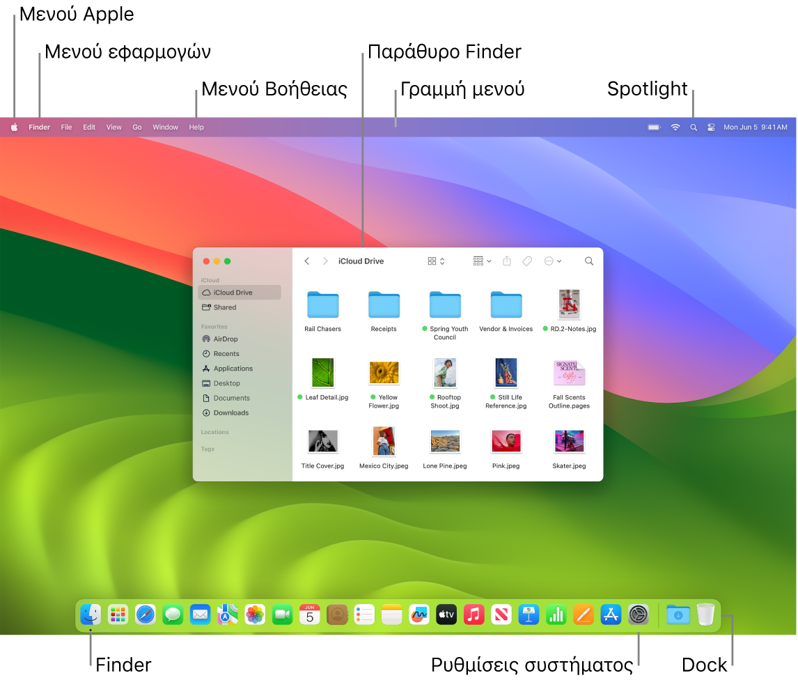 Μια οθόνη Mac όπου φαίνεται το μενού Apple, το μενού Εφαρμογής, το μενού «Βοήθεια», ένα παράθυρο του Finder, το εικονίδιο του Spotlight, το εικονίδιο του Finder, το εικονίδιο των Ρυθμίσεων συστήματος και το Dock.