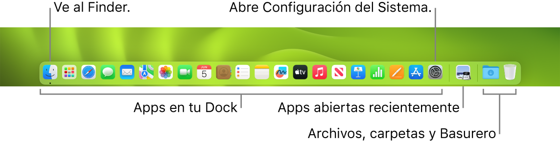 El Dock mostrando el Finder, Configuración del Sistema y la línea en el Dock que divide las apps de las carpetas y archivos.