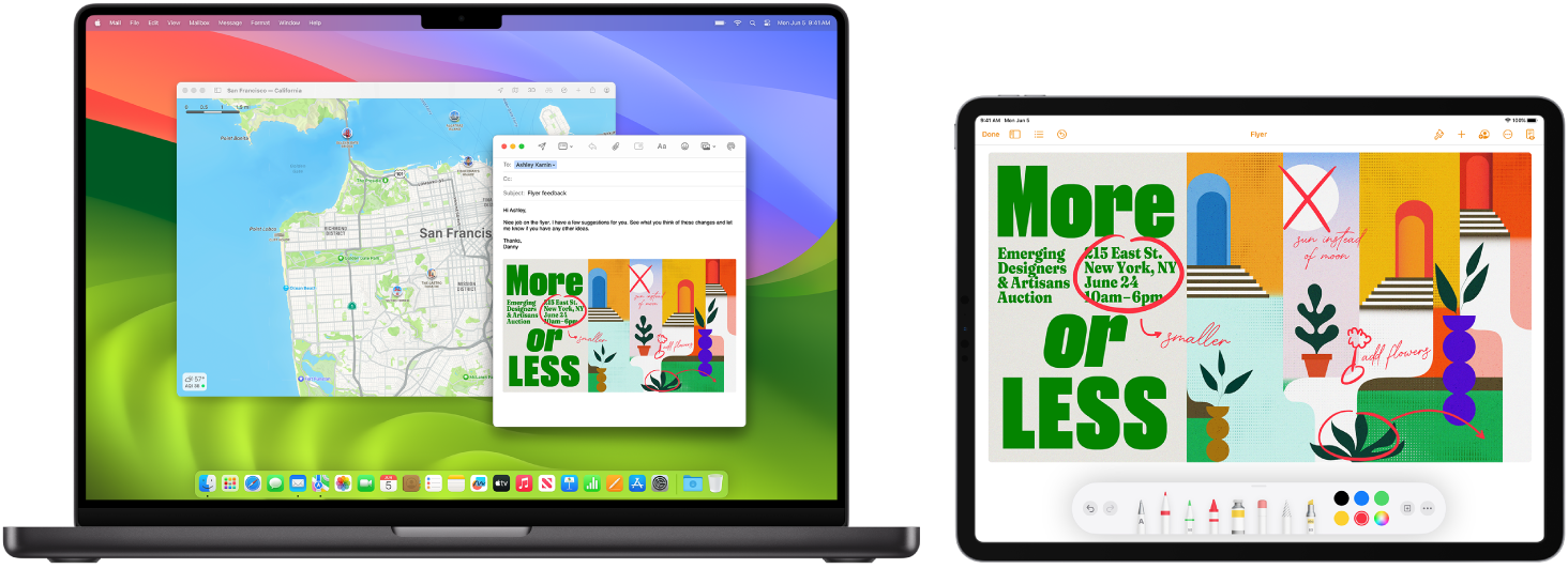 Una MacBook Pro junto a un iPad. La pantalla del iPad muestra un anuncio con anotaciones. La pantalla de la MacBook Pro tiene un correo de Mail con el diseño del volante con anotaciones del iPad en forma de archivo adjunto.