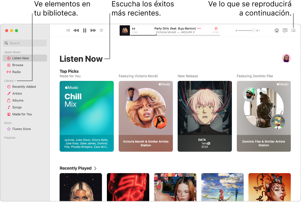 Ventana de la app Música mostrando cómo ver tu biblioteca, escuchar Apple Music y ver lo que se reproducirá después.