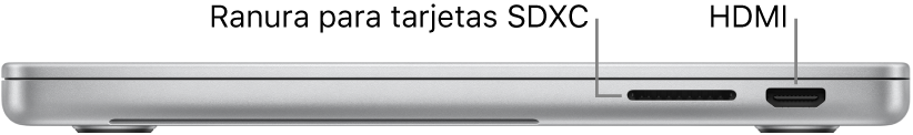 Vista lateral derecha de una MacBook Pro de 16 pulgadas con textos que indican la ranura para tarjetas SDXC, un puerto Thunderbolt 4 (USB-C) y el puerto HDMI.