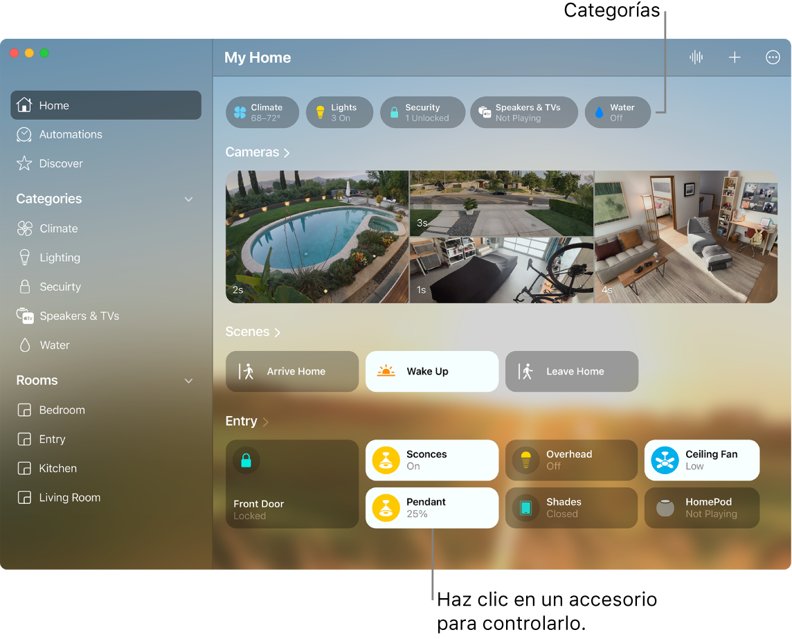La app Casa mostrando categorías, las ambientaciones y los accesorios favoritos.