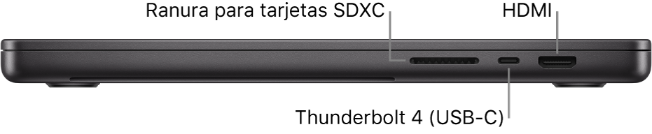 La vista del lado derecho de un MacBook Pro de 16 pulgadas con llamadas a la ranura para tarjetas SDXC, el puerto Thunderbolt 4 (USB-C) y el puerto HDMI.
