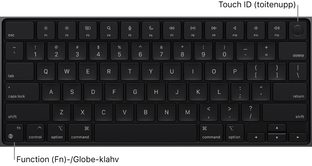 MacBook Pro klaviatuur, mille ülaosas on funktsiooniklahvide rida, üleval Touch ID toitenupp ning alumises vasakus nurgas klahv Function (Fn)/Globe.