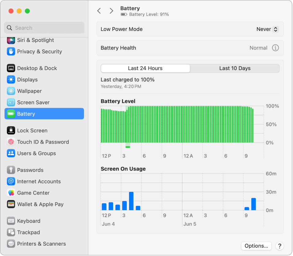 Aknas Battery Settings kuvatakse viimase kümne päeva energiakasutus. Aknas näidatakse ka, et Battery Health on korras ning seal on valik Low Power Mode'i sisselülitamiseks.