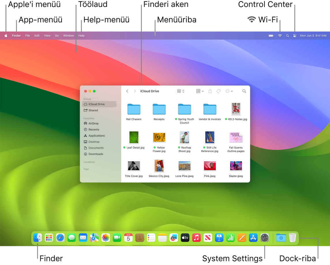Maci ekraanil kuvatakse Apple-menüüd, App-menüüd, töölauda, Help-menüüd, Finderi akent, menüüriba, Wi-Fi-ikooni, Control Centeri ikooni, Finderi ikooni, System Settingsi ikooni ja Dock-riba.