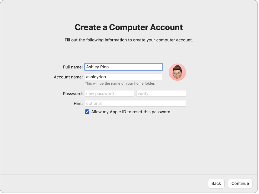 Setup Assistant kuva sõnumiga “Create a Computer Account”.
