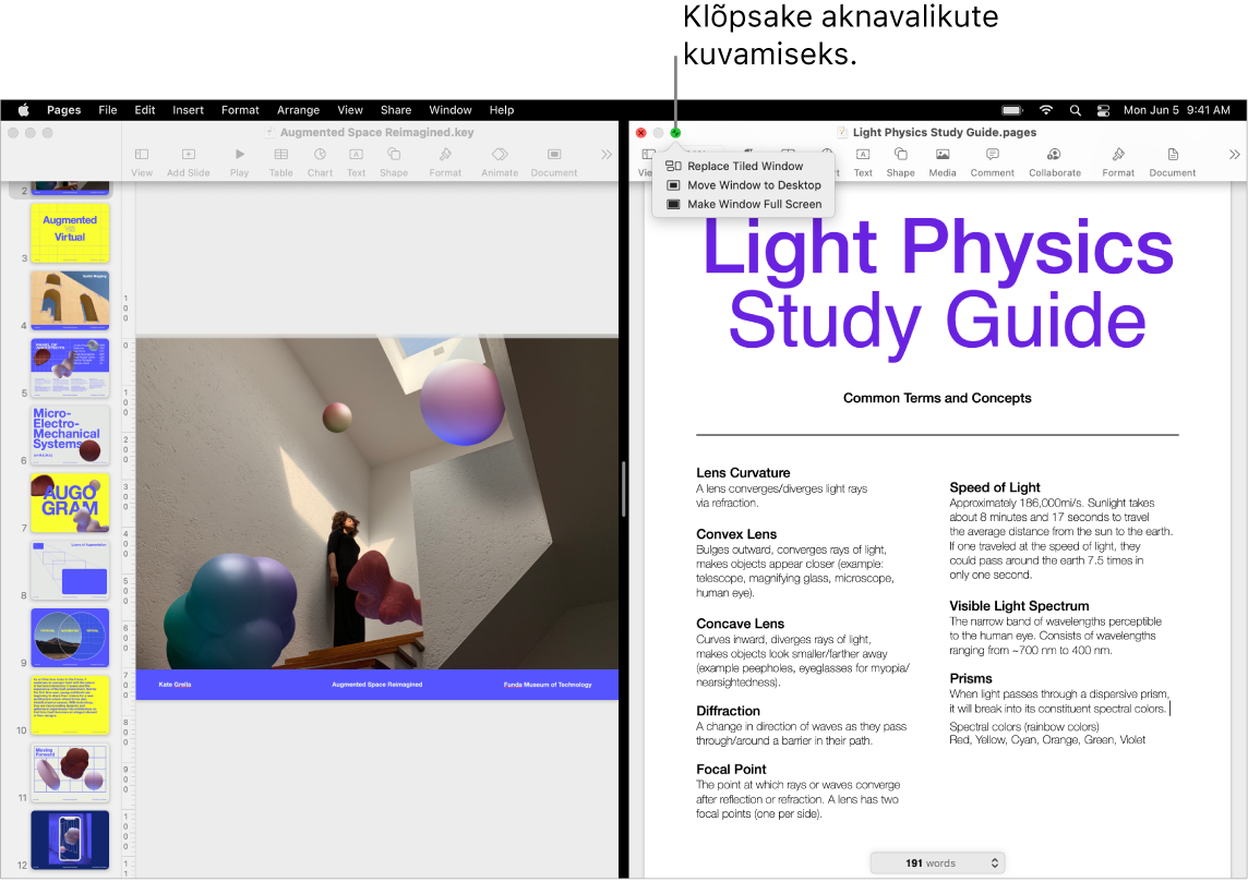 Keynote'i esitlus täidab ekraani vasaku poole ning Pagesi dokument täidab parema poole. Rohelise nupu all on avatud hüpikmenüü, milles kuvatakse valikuid Replace Tiled Window, Move Window to Desktop ja Make Window Full Screen.