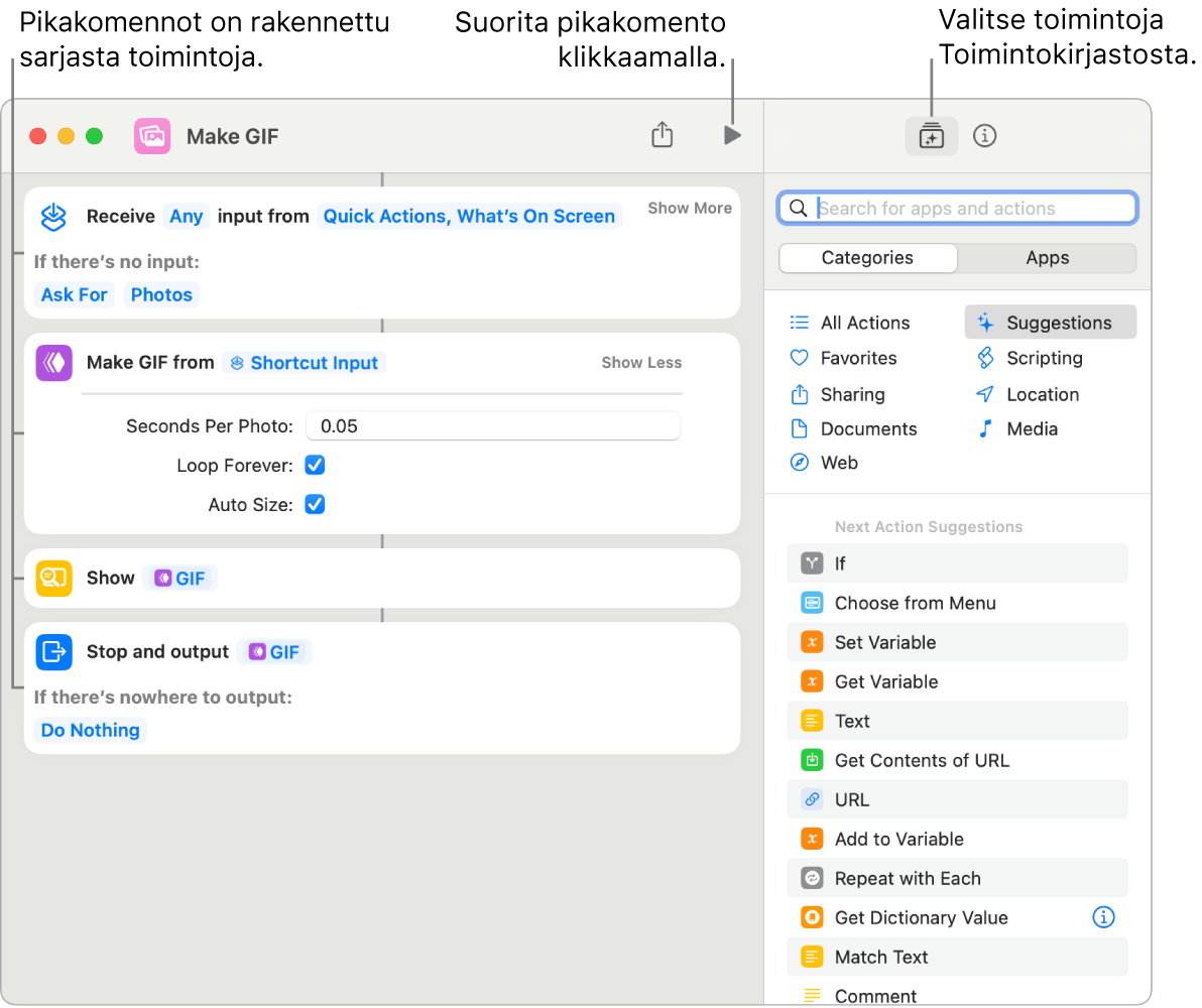 Tee GIF -pikakomentoeditori näkyy vasemmalla ja toimintokirjasto oikealla.