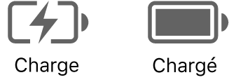 Icône dʼétat de batterie en charge et chargée.