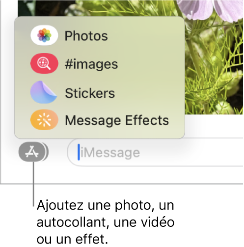 Menu Apps avec des options pour afficher des photos, des autocollants, des GIF et des effets des messages.