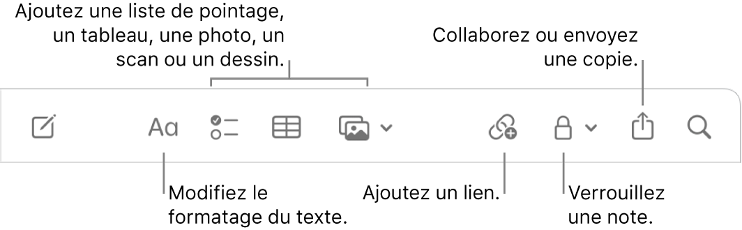 La barre d’outils de Notes avec des légendes pour les outils de format de texte, de liste de pointage, de tableau, de lien, de photos/contenu multimédia, de verrouillage, de partage et d’envoi d’une copie.