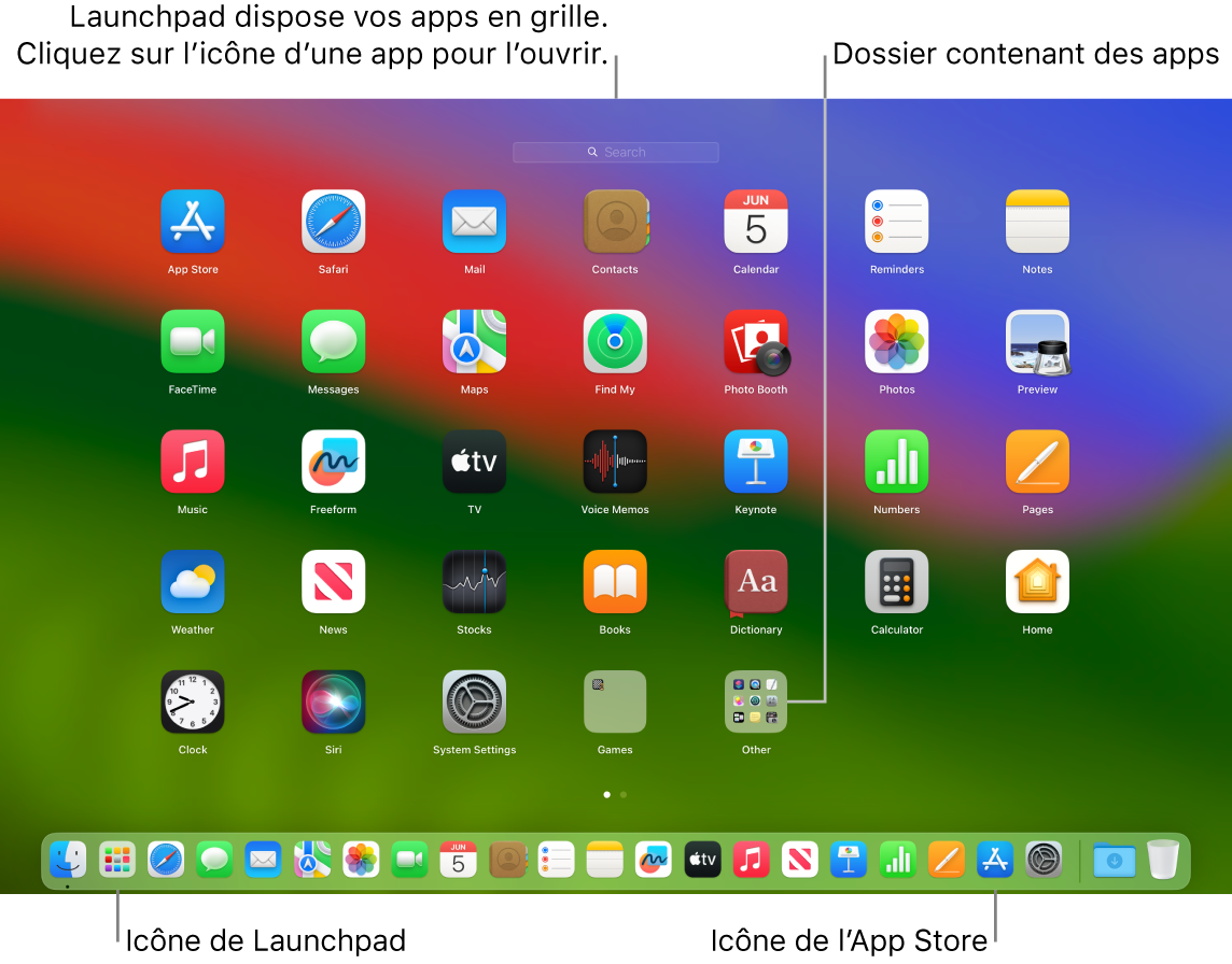 L’écran du Mac avec Launchpad ouvert, affichant un dossier d’apps dans Launchpad, et les icônes Launchpad et App Store dans le Dock.