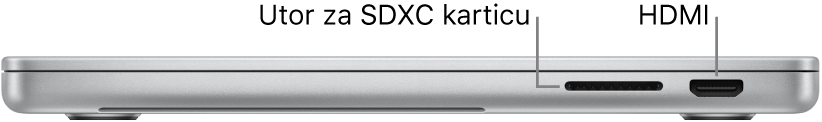 Prikaz desne bočne strane 16-inčnog računala MacBook Pro s oblačićima za utor za SDXC karticu, Thunderbolt 4 (USB-C) priključnicu i HDMI priključnicu.