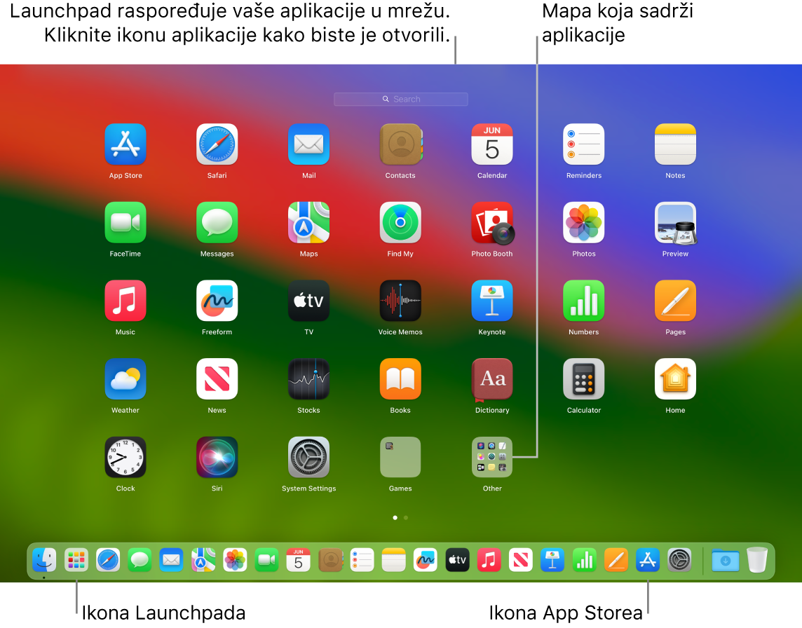 Zaslon Mac računala s otvorenom aplikacijom Launchpad prikazuje mapu aplikacija unutar Launchpada i ikonu Launchpada te ikonu trgovine App Store u Docku.
