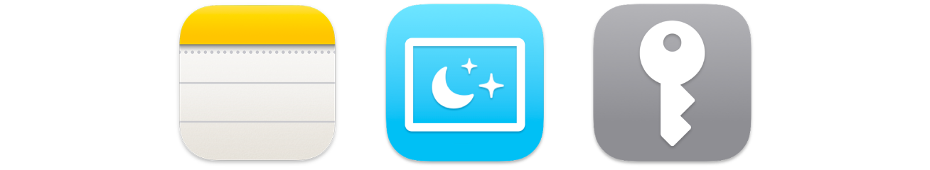 A Jegyzetek app ikonja, a képernyővédő ikonja és a jelszavak ikonja.