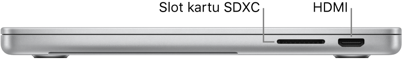 Tampilan sisi kanan MacBook Pro 16 inci dengan keterangan untuk port kartu SDXC, port Thunderbolt 4 (USB-C), dan port HDMI.