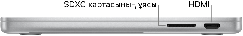 SDXC картасының ұясына, Thunderbolt 4 (USB-C) портына және HDMI портына тілше деректері бар 16 дюймдік MacBook Pro компьютерінің оң жақ көрінісі.