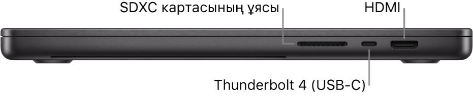 SDXC картасының ұясына, Thunderbolt 4 (USB-C) портына және HDMI портына тілше деректері бар 16 дюймдік MacBook Pro компьютерінің оң жақ көрінісі.