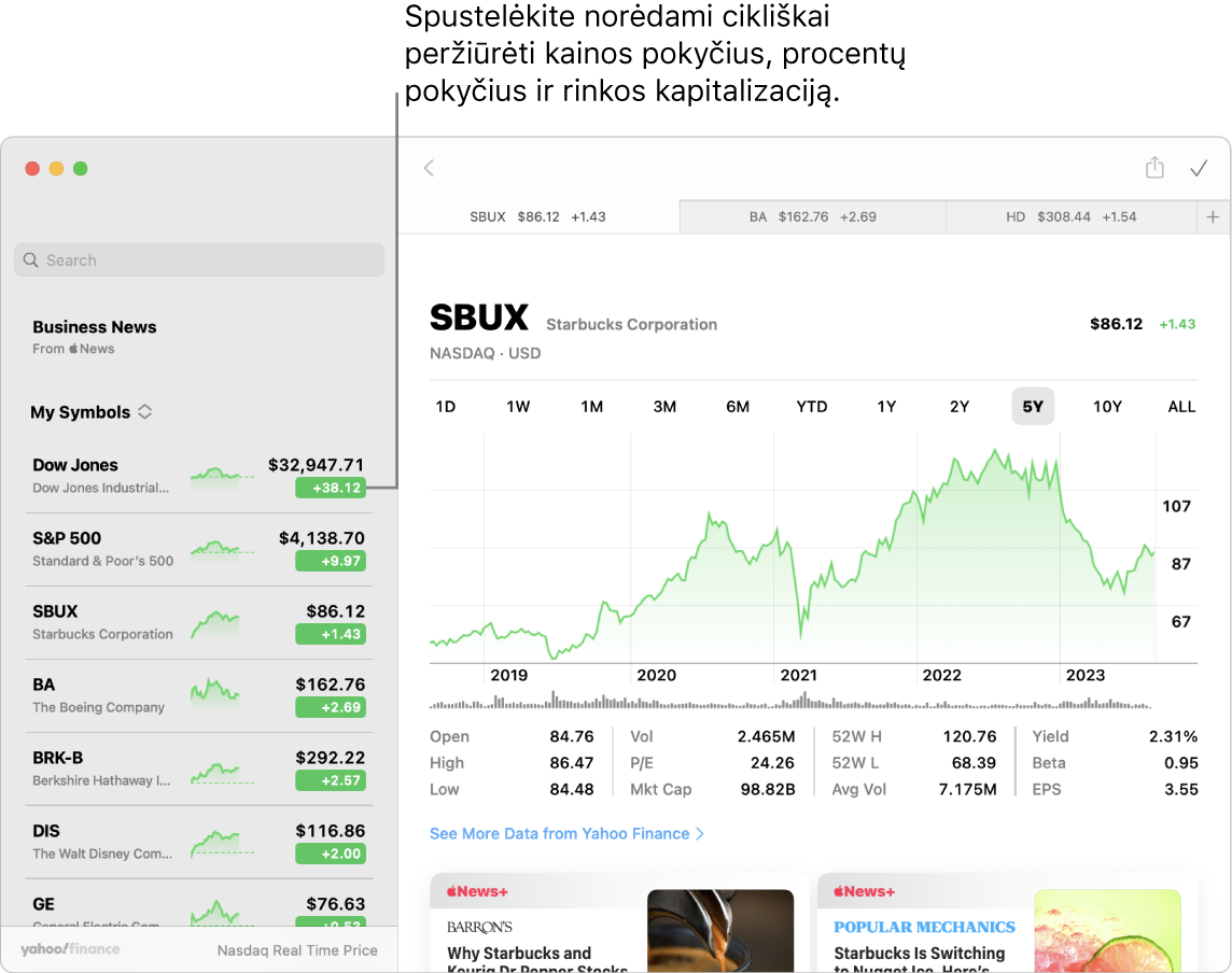 „Stocks“ ekrane: rodomos istorijos ir informacija apie pasirinktas akcijas. Pateikiama nuoroda „Click to cycle between price change, percentage change, and market capitalization“ (spustelėkite norėdami perjungti kainos pokytį, procentinį pokytį ir rinkos kapitalo vertes).