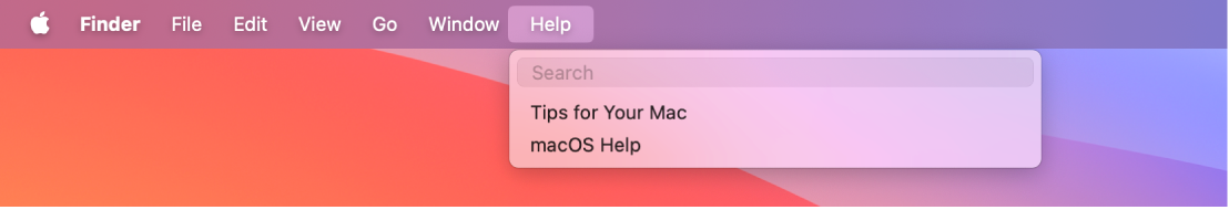 Daļējs darbvirsmas attēls ar atvērtu izvēlni Help, kurā redzamas izvēlnes opcijas Search un macOS Help.