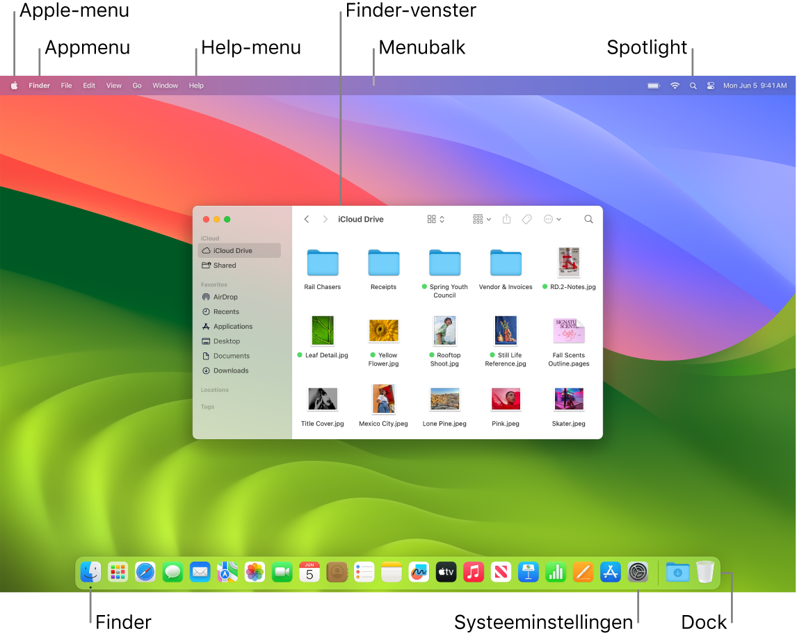 Een Mac-scherm met het Apple-menu, het appmenu, het Help-menu, een Finder-venster, de menubalk, het Spotlight-symbool, het Finder-symbool, het Systeeminstellingen-symbool en het Dock.
