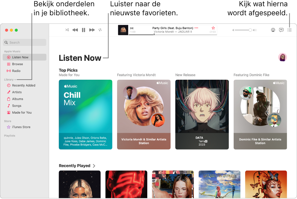 Een venster van de Muziek-app waarin wordt aangegeven hoe je je bibliotheek bekijkt, naar Apple Music luistert en ziet wat er als volgende wordt afgespeeld.