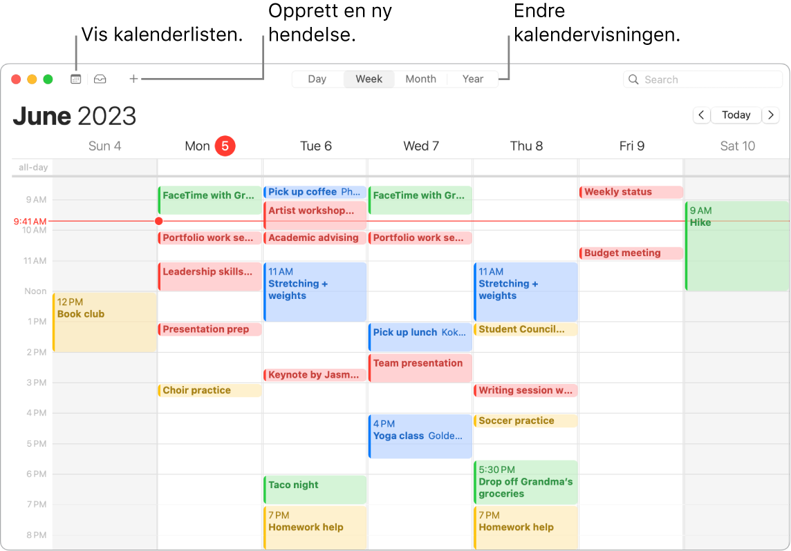 Et Kalender-vindu som viser kalenderlisten, hvordan du oppretter en hendelse, og hvordan du velger dag-, ukes-, måneds- eller årsvisning.