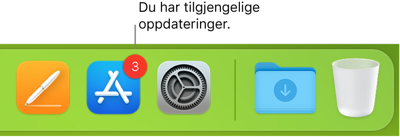 En del av Dock som viser App Store-symbolet med et merke, som viser at det finnes tilgjengelige oppdateringer.