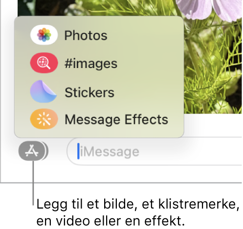Apper-menyen, med valg for å vise bilder, klistremerker, GIF-er og meldingseffekter.