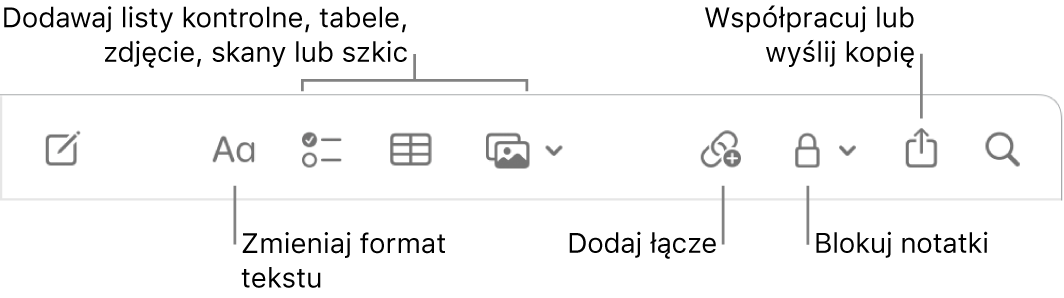 Pasek narzędzi aplikacji Notatki z dymkami pomocy do formatowania tekstu, dodawania list kontrolnych, tabel, łączy, zdjęć i multimediów, blokowania notatek, udostępniania ich oraz wysyłania kopii.
