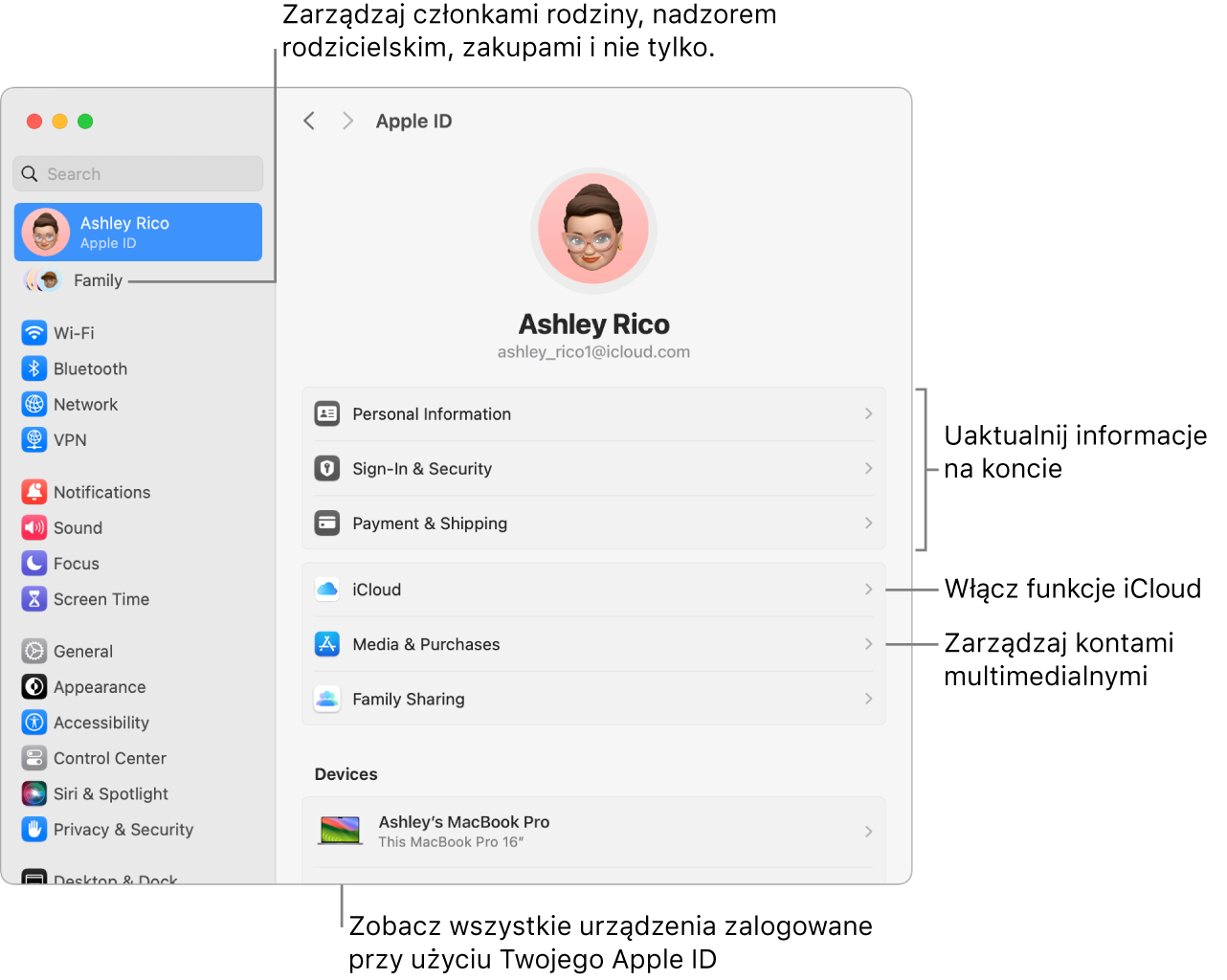 Ustawienia Apple ID w Ustawieniach systemowych z dymkami pomocy do informacji o uaktualnieniu konta, włączaniu lub wyłączaniu funkcji iCloud, zarządzaniu kontami multimedialnymi, oraz chmurą rodzinną, gdzie możesz zarządzać ustawieniami członków rodziny, nadzorem rodzicielskim, zakupami i nie tylko.