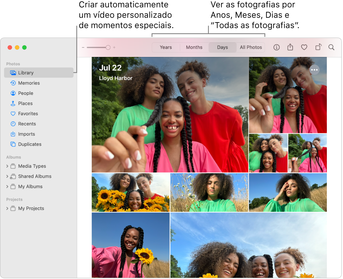 A janela da aplicação Fotografias a mostrar a funcionalidade Recordações na barra lateral esquerda e o menu pop-up na parte superior da janela da aplicação Fotografias onde pode ver fotografias no álbum por dia, mês e ano.