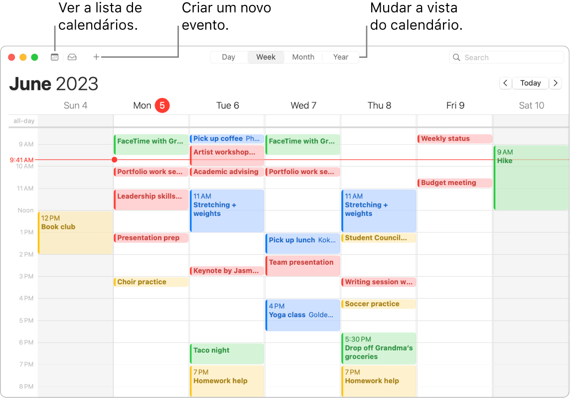 Uma janela do Calendário a mostrar a lista de calendários, como criar um evento e como escolher a vista diária, semanal, mensal ou anual.