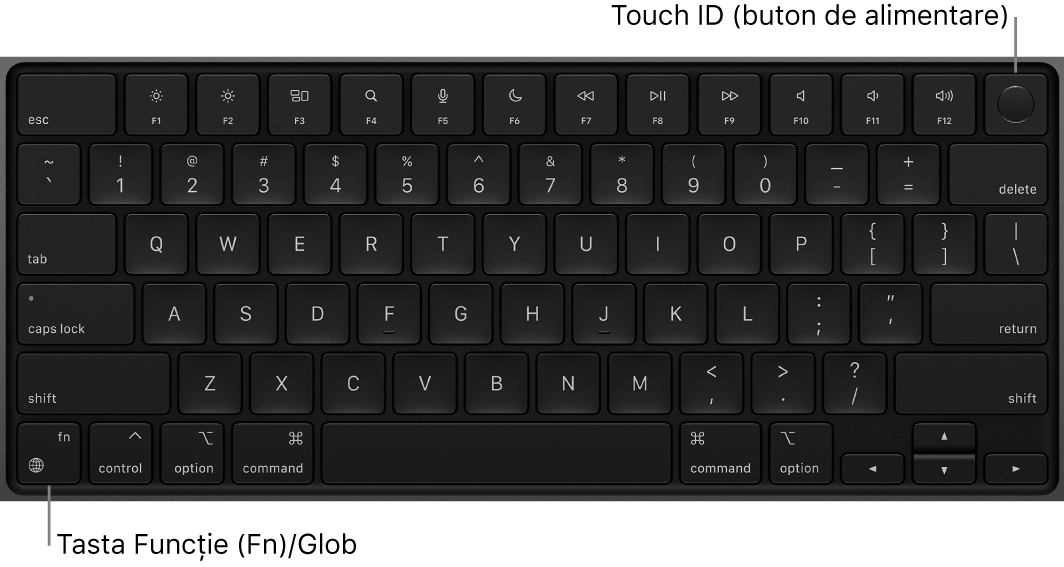 Tastatura MacBook Pro afișând rândul de taste funcționale și butonul de alimentare Touch ID în partea de sus și tasta Funcție (Fn)/Glob în colțul din stânga jos.