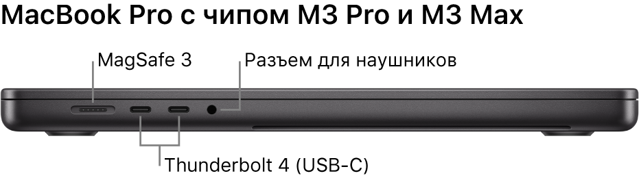 16-дюймовый MacBook Pro, вид слева. Показан разъем MagSafe 3, два разъема Thunderbolt 4 (USB-C) и аудиоразъем для наушников.