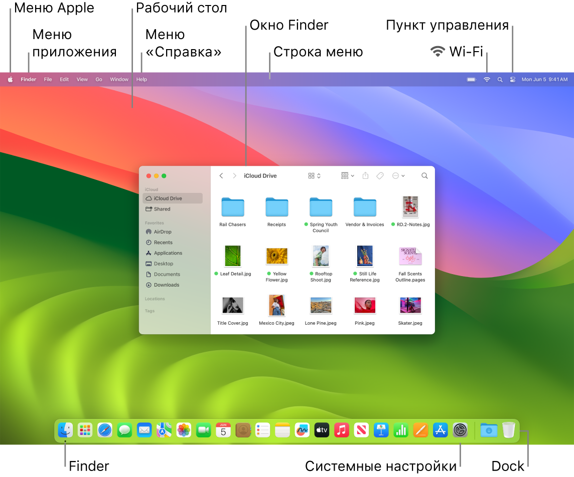 На экране Mac показаны меню Apple, меню приложения, Рабочий стол, меню «Справка», окно Finder, строка меню, значок Wi‑Fi, значок Пункта управления, значок Finder, значок Системных настроек и панель Dock.