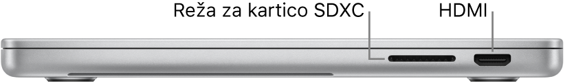 Pogled z desne strani na 16-palčni računalnik MacBook Pro s poudarjeno režo za kartico SDXC, vhodom Thunderbolt 4 (USB-C) in vhodom HDMI.