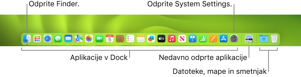 Vrstica Dock s prikazom aplikacije Finder, System Settings in razdelilnikom v vrstici Dock, ki ločuje aplikacije od datotek in map.