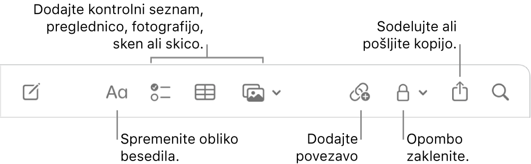 Orodna vrstica Notes z oblački za obliko besedila, kontrolni seznam, tabelo, povezavo, fotografije/medije, zaklenite, delite in pošljite orodja za kopiranje.