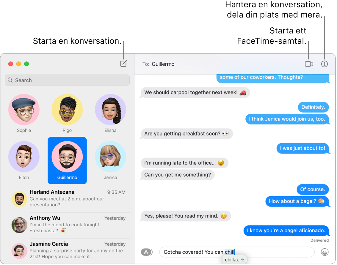 Ett Meddelanden-fönster som visar hur du startar en konversation och ringer ett FaceTime-samtal.
