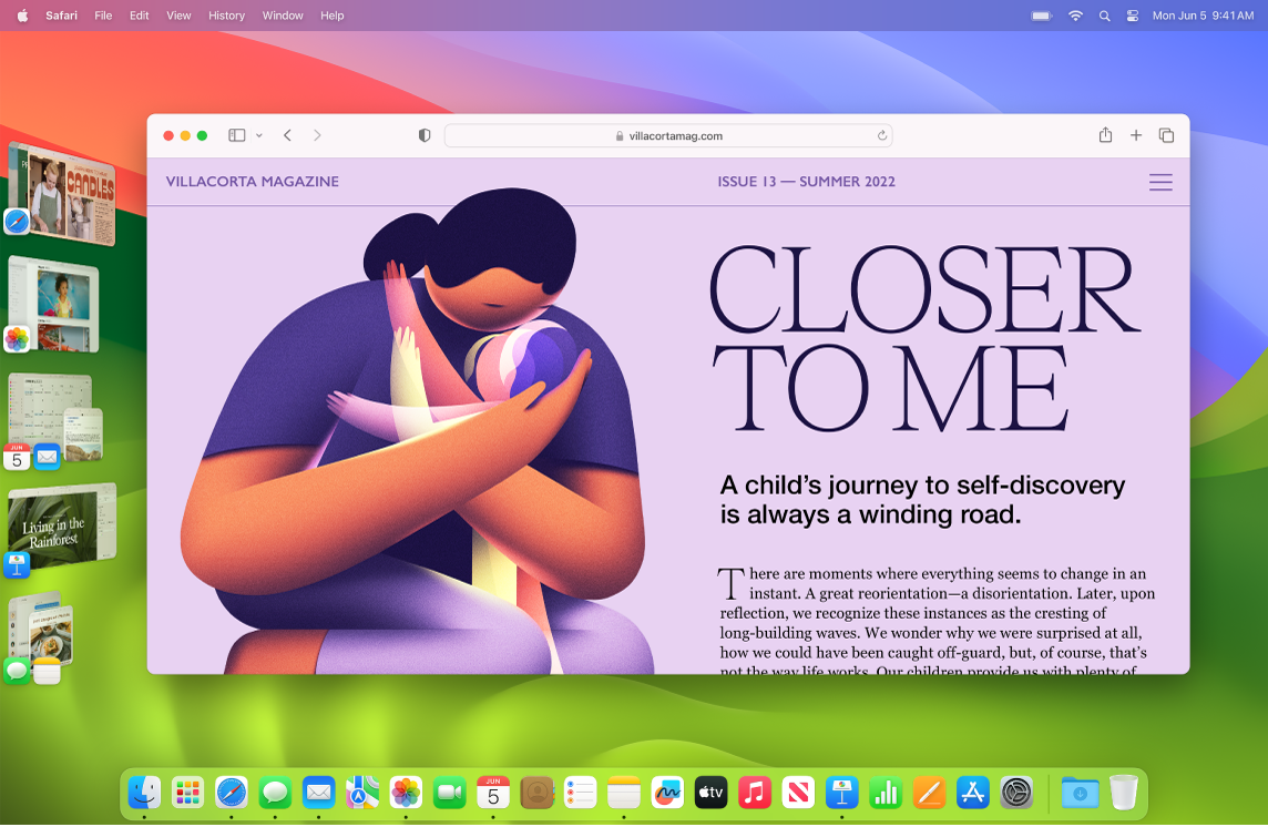 หน้าจอที่แสดง Safari อยู่ตรงกลางหน้าจอและแอปอื่นๆ ที่เปิดอยู่ทางซ้ายมือโดยใช้ตัวจัดการให้อยู่ตรงกลาง