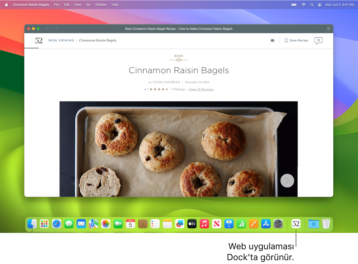 Dock’taki simgesiyle birlikte açık bir web uygulaması.