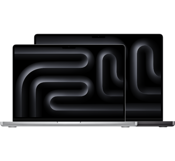 14-дюймовий комп’ютер MacBook Pro попереду 16-дюймового MacBook Pro.
